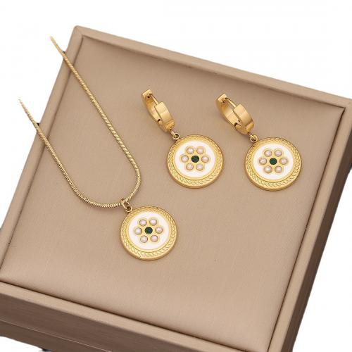 304 Stainless Steel Jewelry Set, with Plastic Pearl, Flat Round, gold color plated, 2 pieces & snake chain & for woman & enamel, more colors for choice, Sold By Set