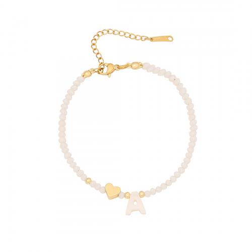 Crystal Bracelet, with White Shell & Brass & 304 Stainless Steel, with 2inch extender chain, Alphabet Letter, gold color plated, different styles for choice & for woman, Length:Approx 7 Inch, Sold By PC