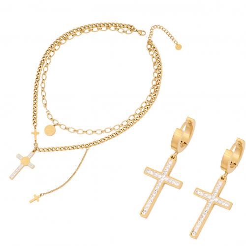 304 Stainless Steel Jewelry Set, Cross, gold color plated, different styles for choice & for woman & with rhinestone, Sold By PC