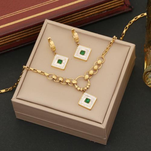 304 rozsdamentes acél Jewelry Set, -val White Shell, Geometriai minta, arany színű aranyozott, különböző stílusokat a választás & a nő & strasszos, Által értékesített PC