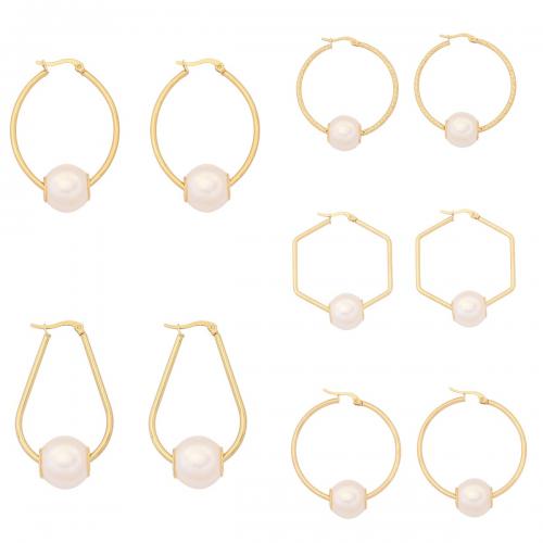 304 Stainless Steel Lever Back Earring with Plastic Pearl gold color plated & for woman Sold By Pair