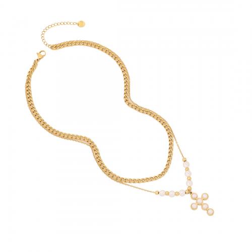 304 Stainless Steel Necklace with Plastic Pearl gold color plated Double Layer & for woman & enamel Length Approx 15.7 Inch Approx 17.7 Inch Sold By PC