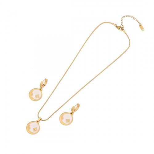 304 Stainless Steel Jewelry Set earring & necklace Moon and Star gold color plated 2 pieces & snake chain & for woman & enamel Sold By Set