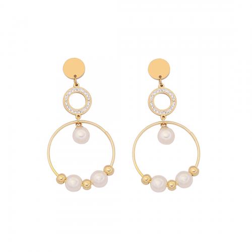 304 Stainless Steel Drop Earring, with Plastic Pearl, gold color plated, different styles for choice & for woman & with rhinestone & hollow, 30x60mm, Sold By Pair