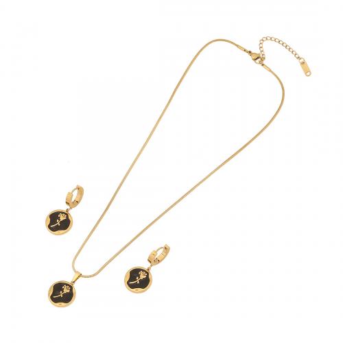 304 Stainless Steel Jewelry Set, earring & necklace, Flat Round, gold color plated, 2 pieces & snake chain & with flower pattern & for woman & enamel, more colors for choice, Sold By Set