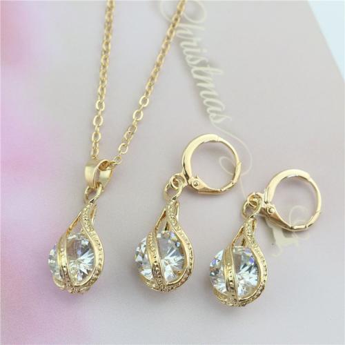Tibetan Style Jewelry Sets, earring & necklace, with Cubic Zirconia, with 5cm extender chain, 2 pieces & fashion jewelry & for woman, more colors for choice, nickel, lead & cadmium free, 23x10mm, Length:Approx 40 cm, Sold By Set