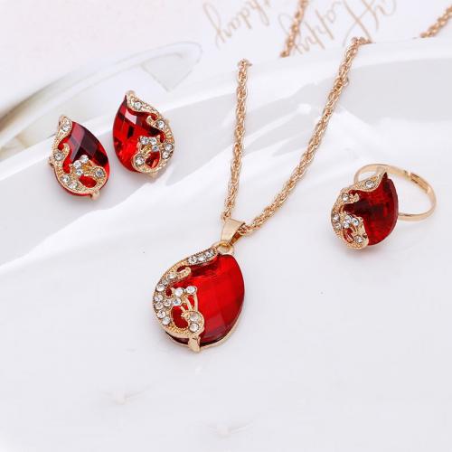 Tibetan Style Jewelry Sets, Stud Earring & finger ring & necklace, with 5cm extender chain, three pieces & for woman & with rhinestone, more colors for choice, nickel, lead & cadmium free, pendant 30*20mm, Rings and earrings 20*14mm, Length:Approx 45 cm, Sold By Set