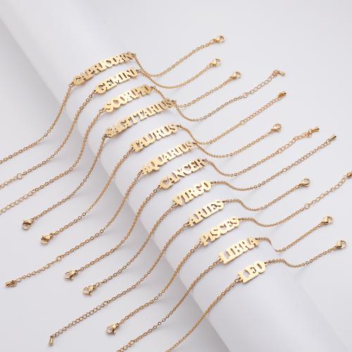 Edelstahl Schmuck Halskette, 304 Edelstahl, 12 Zeichen des Sternzeichens, goldfarben plattiert, für Frau, keine, Länge:21 cm, verkauft von PC