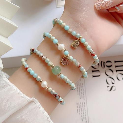 Gemstone Bracelets, Impression Jasper, with Aventurine & Freshwater Pearl & Strawberry Quartz & Tibetan Style, fashion jewelry & different designs for choice, more colors for choice, Length:17 cm, Sold By PC