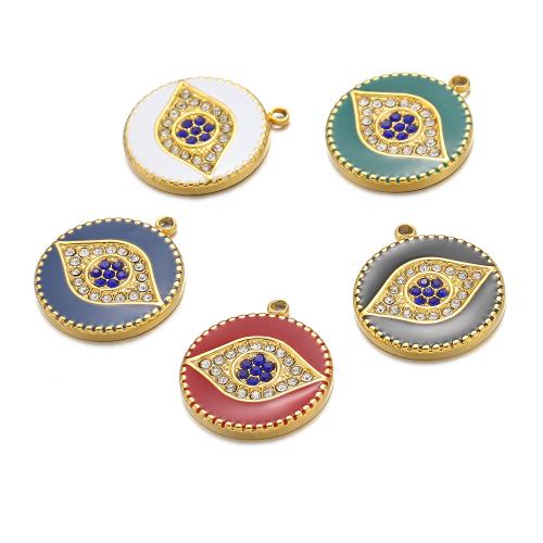 Evil Eye Pendants 304 Stainless Steel Round plated DIY & enamel & with rhinestone 16mm Sold By Bag