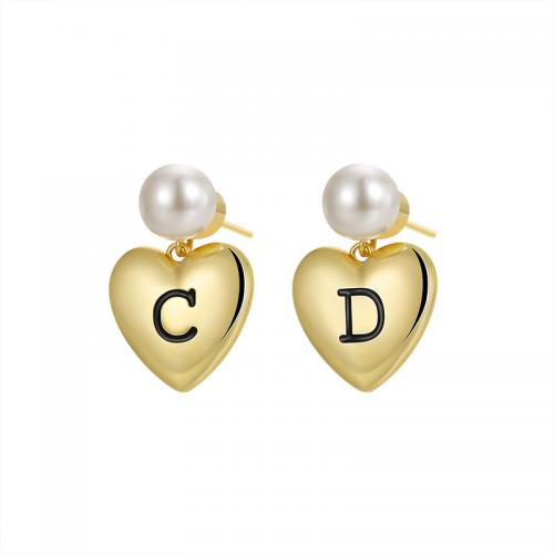Messing Ohrstecker, mit Kunststoff Perlen, Herz, plattiert, Modeschmuck & für Frau, Goldfarbe, frei von Nickel, Blei & Kadmium, 24x16mm, verkauft von Paar