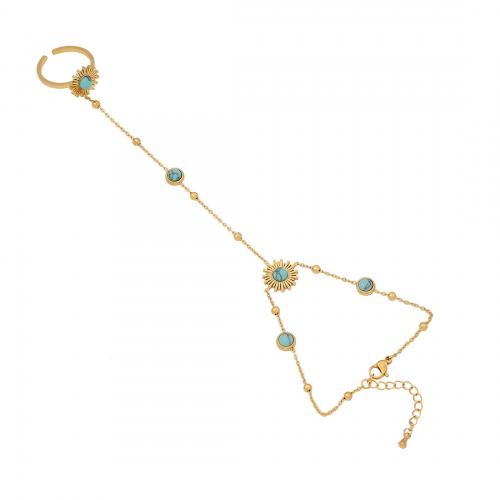Acier inoxydable 304 bracelet anneau, avec turquoise, Placage de couleur d'or, styles différents pour le choix & pour femme & avec strass, Taille:8, Longueur:Environ 6.7 pouce, Vendu par PC