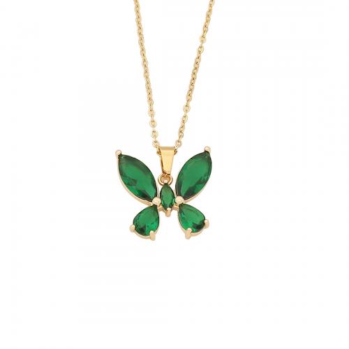 304 Stainless Steel Necklace with Glass with 2inch extender chain Butterfly gold color plated fashion jewelry & for woman Length Approx 15.7 Inch Sold By PC