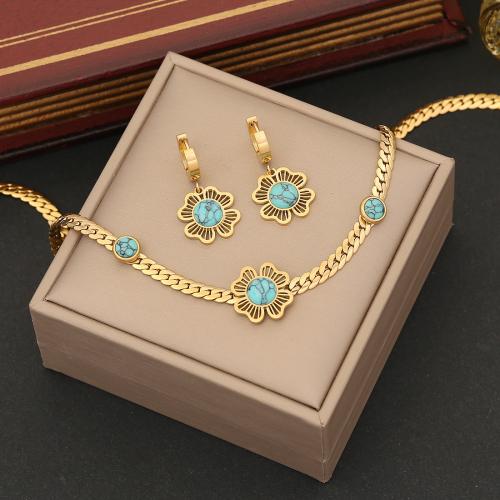 304 rozsdamentes acél Jewelry Set, -val türkiz, Virág, arany színű aranyozott, különböző stílusokat a választás & a nő, Által értékesített PC
