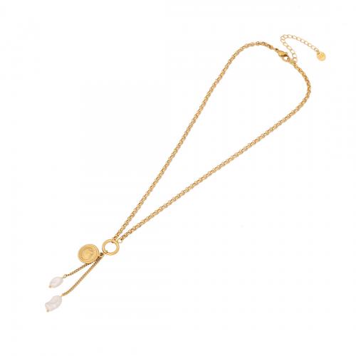 304 Stainless Steel Necklace, with White Shell & Plastic Pearl, with 2inch extender chain, gold color plated, different styles for choice & for woman, Length:Approx 15.7 Inch, Sold By PC