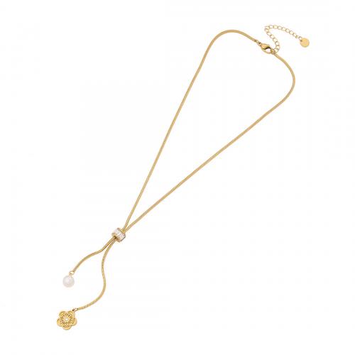304 Stainless Steel Necklace, with White Shell & Plastic Pearl, with 2inch extender chain, gold color plated, different styles for choice & for woman & with rhinestone, Length:Approx 15.7 Inch, Sold By PC