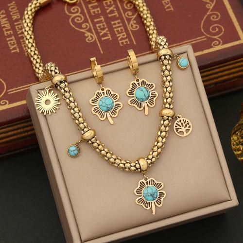 304 rozsdamentes acél Jewelry Set, -val türkiz, Virág, arany színű aranyozott, különböző stílusokat a választás & a nő, Által értékesített PC