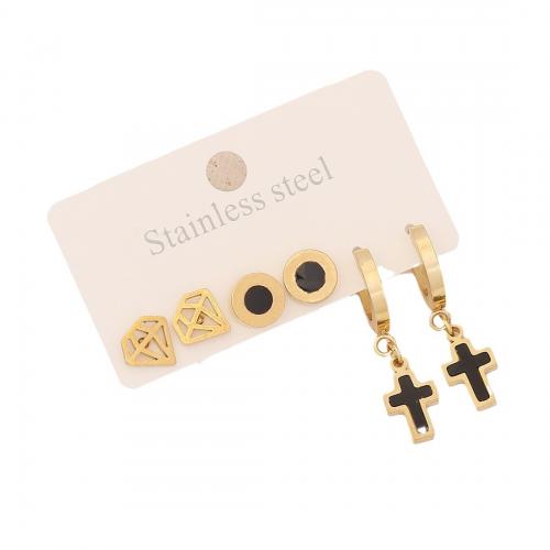 304 Stainless Steel Earring Set gold color plated three pieces & for woman & enamel earring length 10-50mm Sold By Set