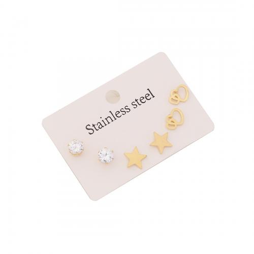 304 Stainless Steel Stud Earring Set gold color plated three pieces & for woman & with rhinestone Sold By Set