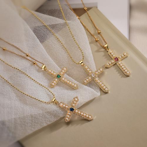 Cubic Zircon Micro Pave Brass Necklace, with Plastic Pearl, with 5CM extender chain, Cross, gold color plated, different styles for choice & micro pave cubic zirconia, more colors for choice, nickel, lead & cadmium free, 41x26mm, Length:45 cm, Sold By PC