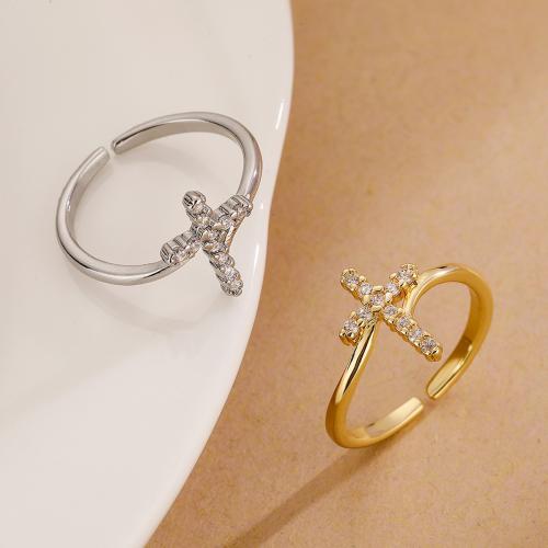 Cubique anneau en laiton Circonia Micro Pave, croix, Placage de couleur d'or, pavé de micro zircon & pour femme, protéger l'environnement, sans nickel, plomb et cadmium, Vendu par PC