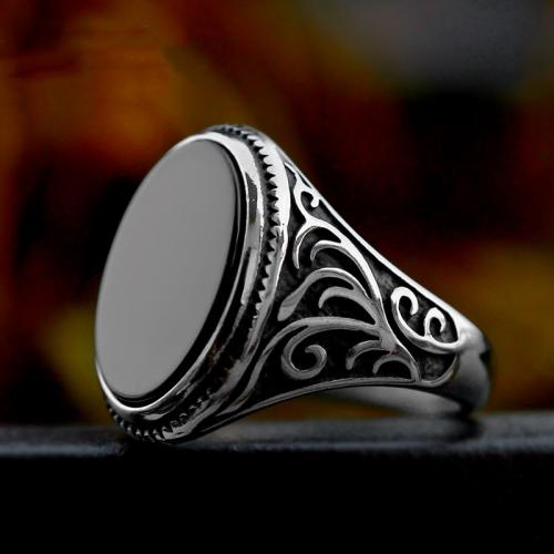 Titanium Steel Δάχτυλο του δακτυλίου, με Μαύρο Agate, Ωοειδής, γυαλισμένο, Vintage & διαφορετικό μέγεθος για την επιλογή & για τον άνθρωπο, Μέγεθος:7-13, Sold Με PC