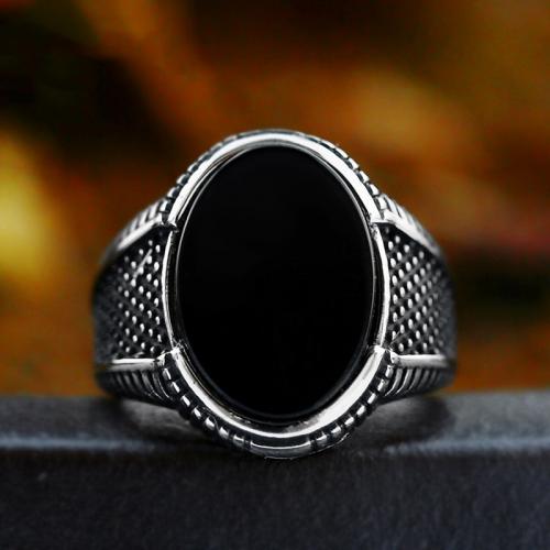 Titanium Steel Finger Ring with Black Agate Oval polished vintage & for man original color US Ring Sold By PC