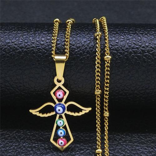 Stainless Steel Jewelry Necklace, 304 Stainless Steel, Cross, fashion jewelry & Unisex & enamel, golden, 27x22mm, Length:Approx 50 cm, Sold By PC