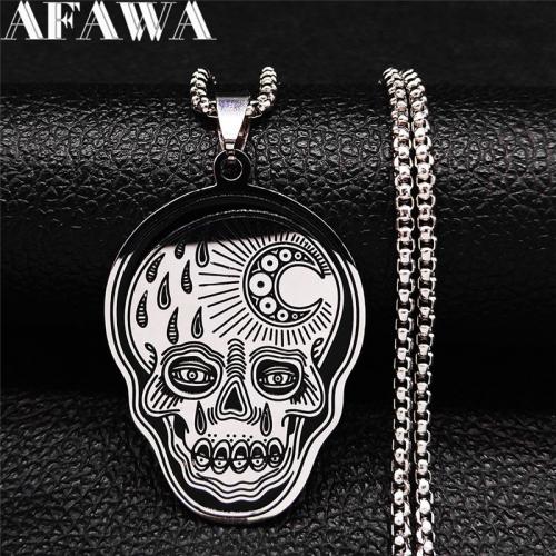 Stainless Steel Jewelry Necklace, 304 Stainless Steel, Skull, polished, fashion jewelry & Unisex, silver color, 45x32mm, Length:Approx 50 cm, Sold By PC
