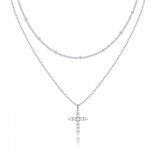 Edelstahl Schmuck Halskette, 304 Edelstahl, mit Verlängerungskettchen von 5cm, Kreuz, Doppelschicht & Micro pave Zirkonia & für Frau, keine, 20x15mm, verkauft per ca. 37 cm, ca. 43 cm Strang