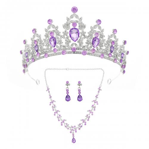 Tibetan Style Jewelry Sets, Stud Earring & crown & necklace, silver color plated, three pieces & for woman & with rhinestone, purple, nickel, lead & cadmium free, Sold By Set