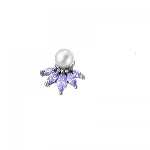Boucle d'oreille Acier Titane, avec perle de plastique, Placage, bijoux de mode & avec strass, violet, 14x15mm, Vendu par PC