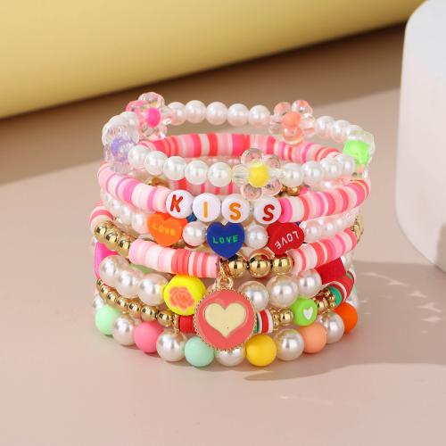 Fashion Bracelet & Bangle Jewelry, Polymer Clay, with Plastic Pearl & 316L Stainless Steel & 304 Stainless Steel, handmade, 7 pieces & for woman, Sold By Set