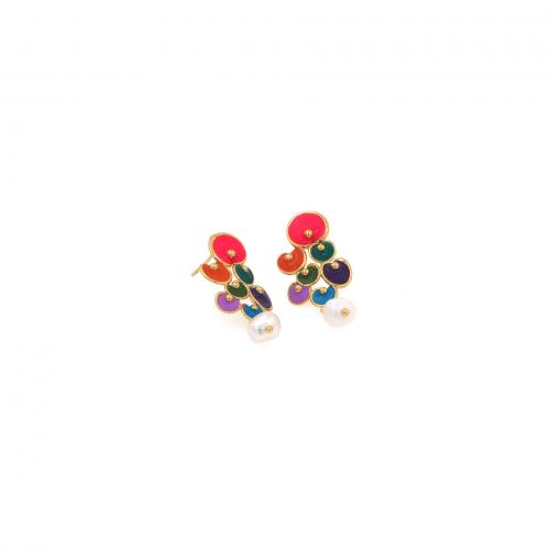 Brass Drop Earring, with Plastic Pearl, 18K gold plated, fashion jewelry & for woman & enamel, mixed colors, nickel, lead & cadmium free, 12.50x12.80x34.50mm, Sold By Pair