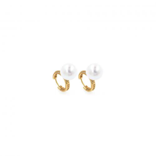 Cubic Zirconia Micro Pave Brass Earring, with Plastic Pearl, 18K gold plated, fashion jewelry & micro pave cubic zirconia & for woman, white, nickel, lead & cadmium free, 29x15.60x12mm, Sold By Pair