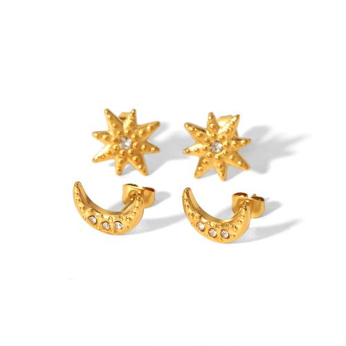 Stainless Steel Stud Earrings, 304 Stainless Steel, 18K gold plated, different styles for choice & for woman & with rhinestone, golden, Sold By Pair