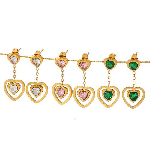 Titanium Steel  Earring, Heart, 18K gold plated, fashion jewelry & for woman & with rhinestone, golden, 14x14mm, Sold By Pair