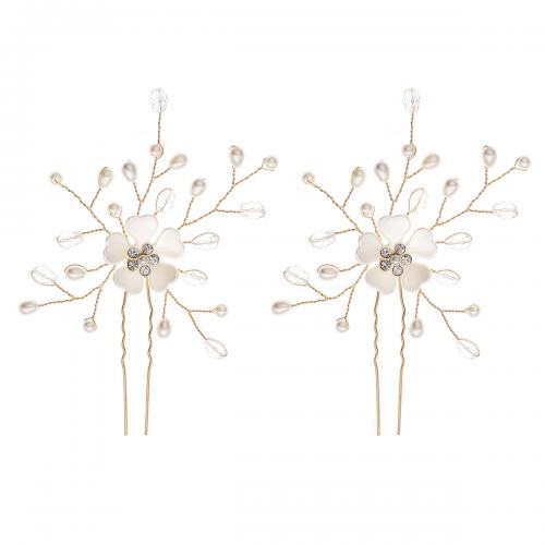 Hair Stick Brass with Acrylic Flower gold color plated for woman & with rhinestone nickel lead & cadmium free Sold By PC