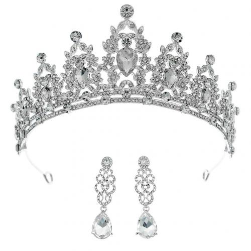 Conjuntos de joyería de aleación de zinc, corona & pendiente, chapado en color de plata, para mujer & con diamantes de imitación, libre de níquel, plomo & cadmio, Vendido por Set