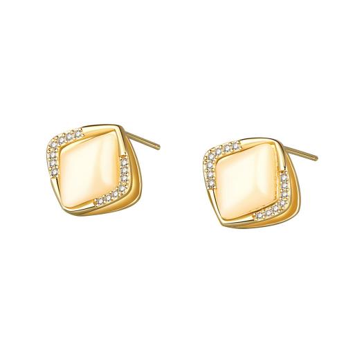 Brass Huggie Hoop Earring with Cats Eye Rhombus gold color plated fashion jewelry & micro pave cubic zirconia & for woman nickel lead & cadmium free Sold By Pair