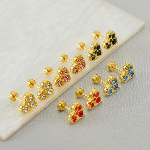 Stainless Steel Stud Earrings, 304 Stainless Steel, Heart, gold color plated, for woman & with rhinestone, more colors for choice, 9x9mm, Sold By Pair