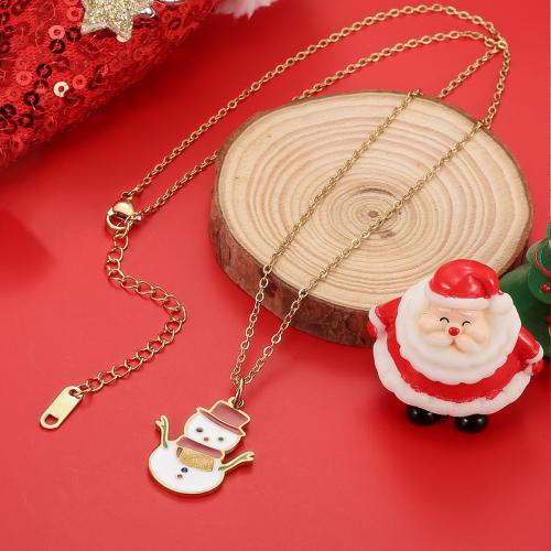 Titanium Steel Necklace Snowman gold color plated Christmas Design & enamel red Length 45-51 cm Sold By PC
