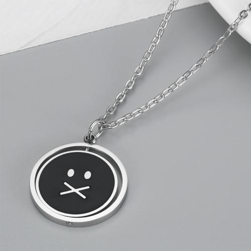 Stainless Steel Jewelry Necklace, 304 Stainless Steel, Round, silver color plated, Unisex & enamel, black, 25mm, Length:60 cm, Sold By PC