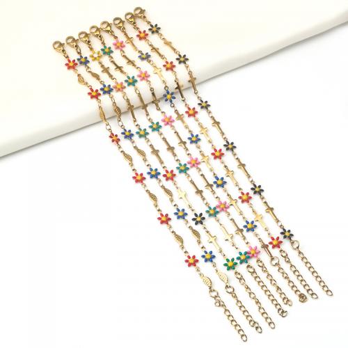 Bracelet d'acier titane, avec 5CM chaînes de rallonge, fleur, Placage de couleur d'or, pour femme & émail, plus de couleurs à choisir, Longueur:17 cm, Vendu par PC