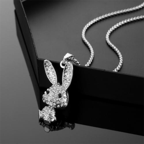Titanium Steel Necklace, with Tibetan Style, Rabbit, plated, fashion jewelry & with rhinestone, silver color, Length:70 cm, Sold By PC