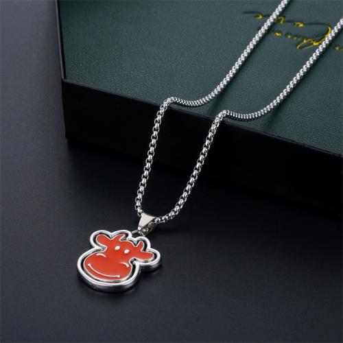 Titanium Steel Necklace, with Tibetan Style, Cow, plated, fashion jewelry & enamel, silver color, Length:70 cm, Sold By PC