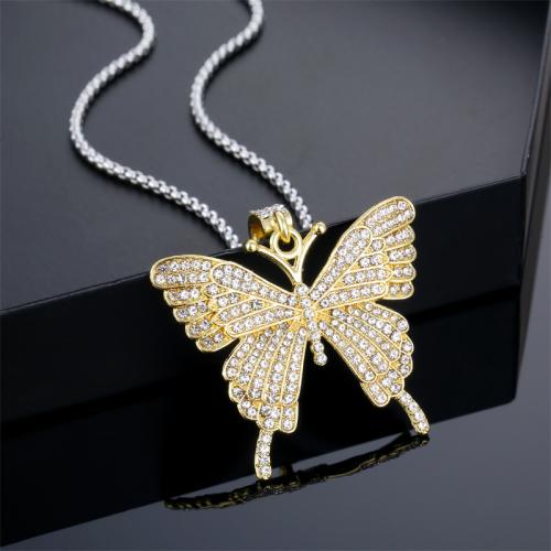 Titanium Steel Necklace, with Tibetan Style, Butterfly, plated, fashion jewelry & with rhinestone, golden, Length:70 cm, Sold By PC