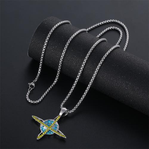 Titanium Steel Necklace with Zinc Alloy Globe plated fashion jewelry & with rhinestone silver color Length 70 cm Sold By PC