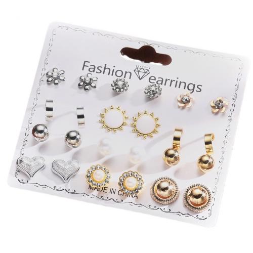 Zinc Alloy Stud Earring with Crystal & Plastic Pearl 12 pieces & fashion jewelry & for woman nickel lead & cadmium free Sold By Set