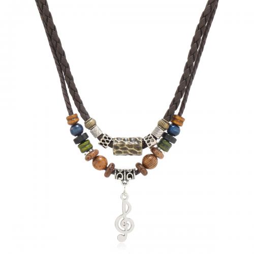 Tibetan Style Sweater Chain Necklace, with PU Leather Cord & Wax Cord & Wood, handmade, Double Layer & fashion jewelry & for man, brown, nickel, lead & cadmium free, Length:Approx 17.7-31.4 Inch, Sold By PC